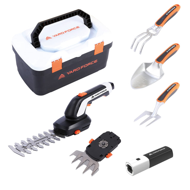 Yard Force VITA HX V05S Tool Box with battery and various gardening tools in white