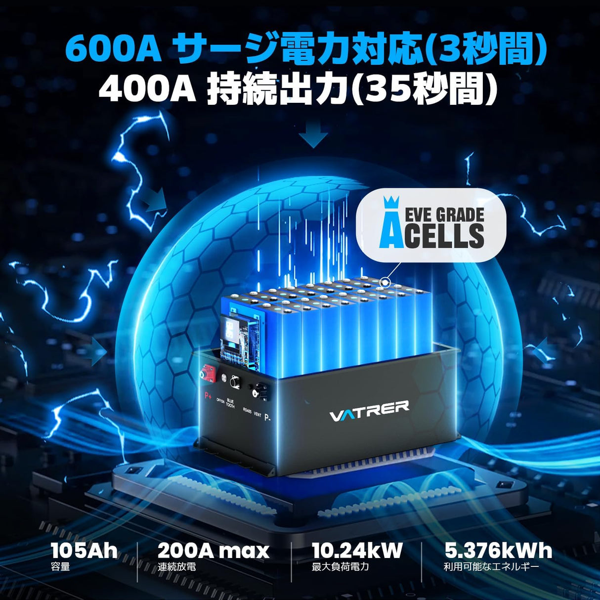 VATRER POWER 51.2V 105Ah LiFePO4 Golf Cart Battery - Smart 200A BMS