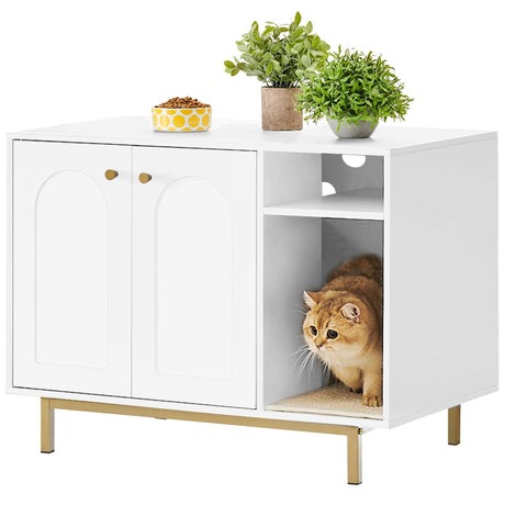 Hzuaneri Cat Litter Box Enclosure in white and gold with scratching mat