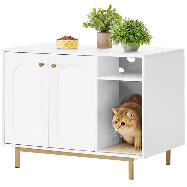 Hzuaneri Cat Litter Box Enclosure in white and gold with scratching mat