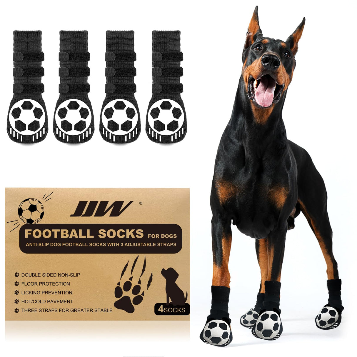 JJW Non Slip Football Socks for Dogs in black with adjustable straps, designed for hardwood floors.
