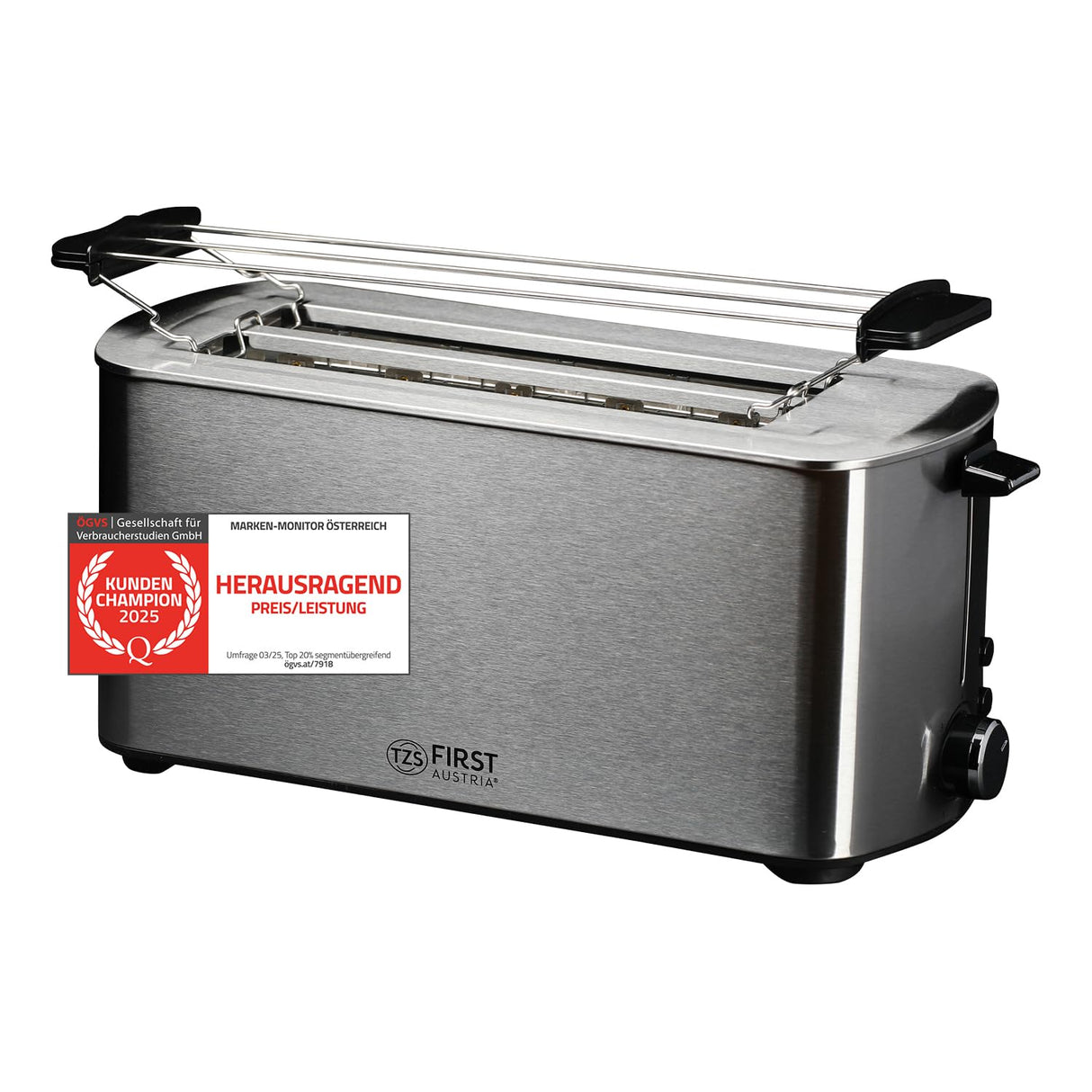 TZS First Austria Long Slot Toaster in stainless steel with 4 slots and crumb drawer