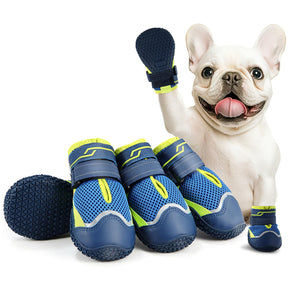 AOKOWN dog shoes in blue, designed for large dogs, featuring a non-slip sole and adjustable straps.
