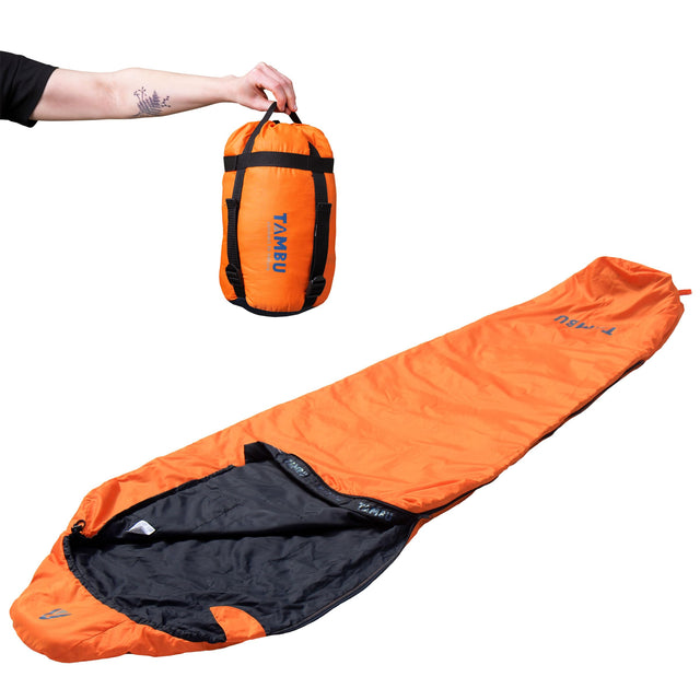 TAMBU OFRA Mummy Sleeping Bag in orange, compact and lightweight design