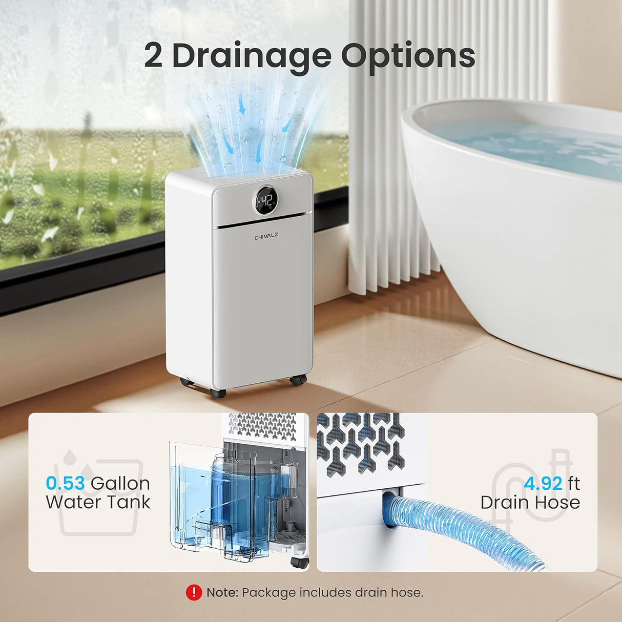 CHIVALZ 12L/24H Dehumidifiers for Home, Bedroom & Bathroom, LED Display and 24H Timer, Interior Dehumidifier with Automatic Defrosting, 2L Water Tank & Drainage Hose, White, 1 Pack+3 Modes