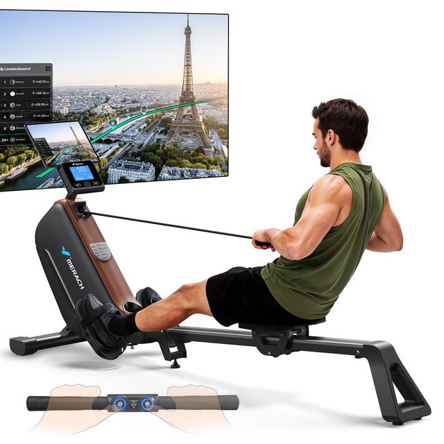 MERACH foldable rowing machine featuring a sleek design and ergonomic grip bars for comfortable workouts.