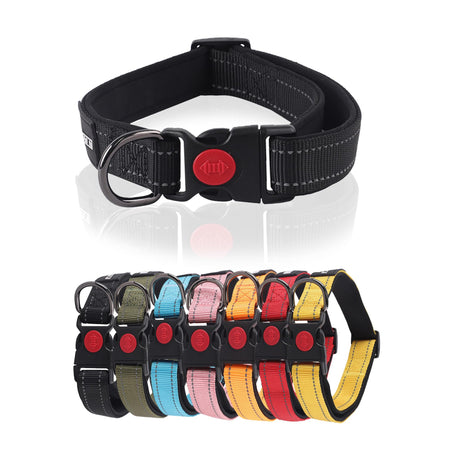 DON PET Reflective Adjustable Dog Collar in Black with Soft Neoprene Padding