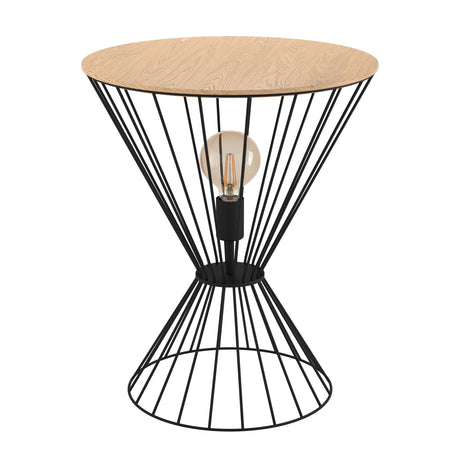 EGLO Desierto illuminated side table in black metal and brown wood, featuring a unique design and ambient lighting.
