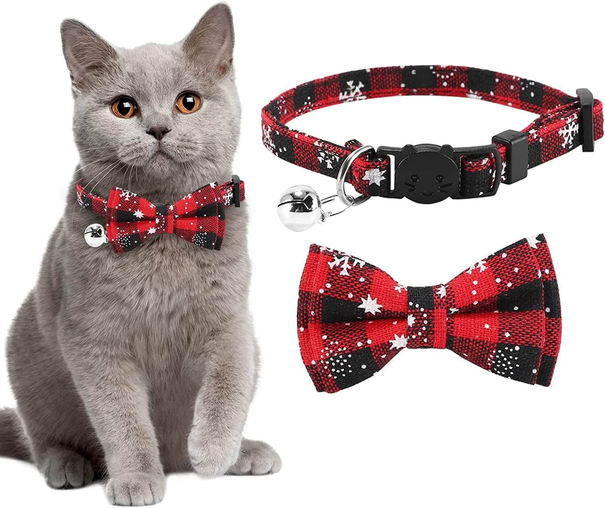 AOKOEE Christmas Cat Collar with bow tie, bell, and snowflake pattern
