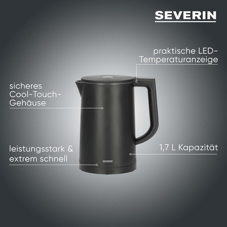 SEVERIN Cool-Touch Double-Walled Kettle - 1.7L Black with LED Temperature Feedback