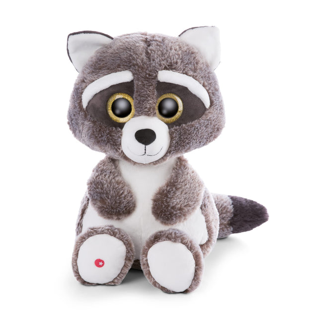 NICI Glubschis Raccoon Clooney plush toy with large glittering eyes and fluffy gray/white fur