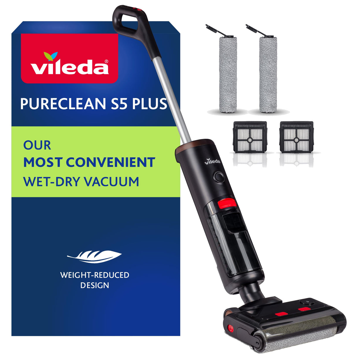 Vileda PureClean S5 Wet/Dry Vacuum Cleaner with accessories including rollers and filters