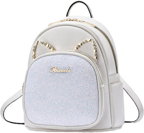 Alessia Cara Mini Cartoon Cat Ears Backpack - White PU Leather with Sequin Decoration