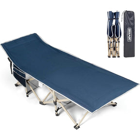 Overmont Folding Camping Bed in blue with side pockets and carry bag