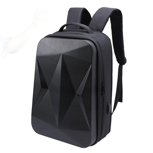 Jiawu Smart Backpack featuring a hard shell, waterproof design, and USB charging port.