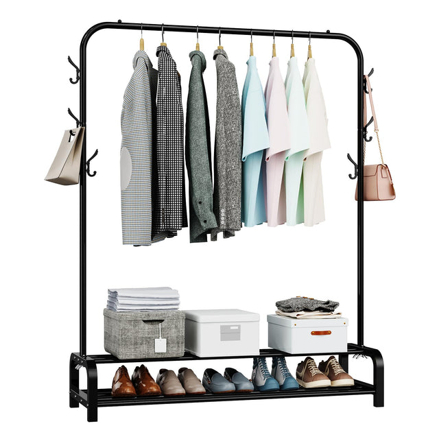 LOEFME black clothes rail with double base and side hooks for hats and bags