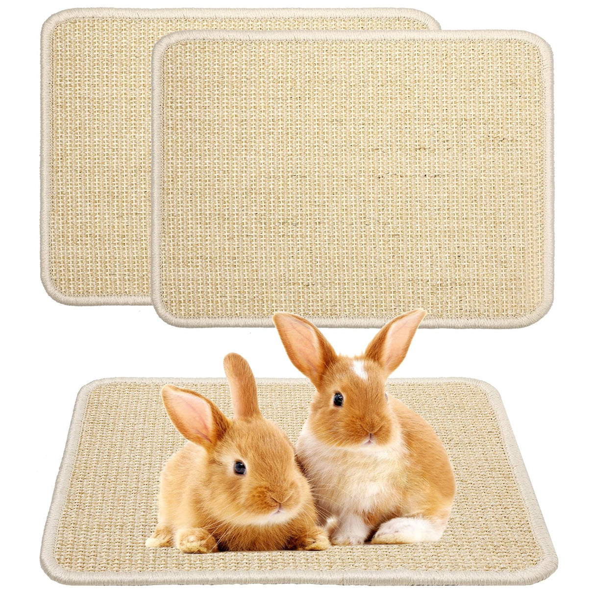 Two beige sisal rabbit scratching mats with anti-slip backing for indoor use