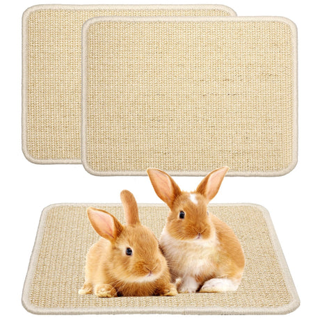 Two beige sisal rabbit scratching mats with anti-slip backing for indoor use