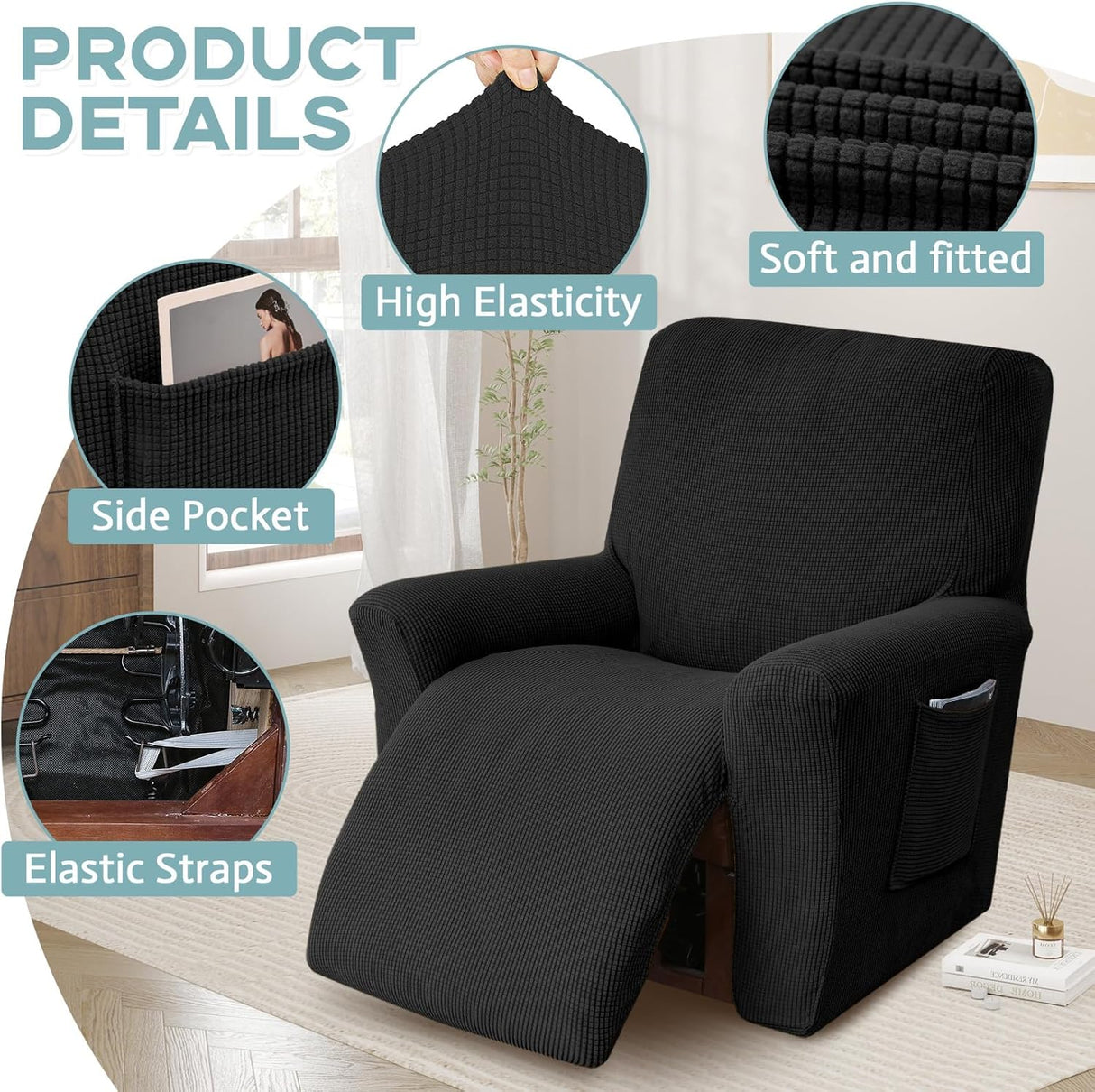 Recliner Chair Cover for Lazy Boy Recliners - Black, Stretch Fabric