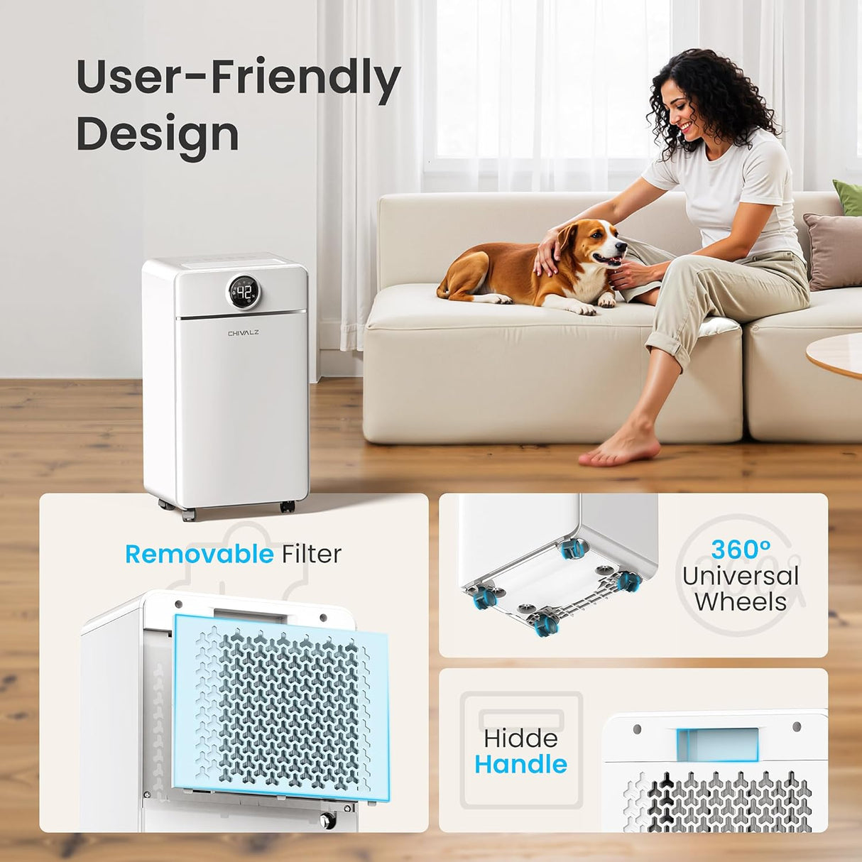 CHIVALZ 12L/24H Dehumidifiers for Home, Bedroom & Bathroom, LED Display and 24H Timer, Interior Dehumidifier with Automatic Defrosting, 2L Water Tank & Drainage Hose, White, 1 Pack+3 Modes