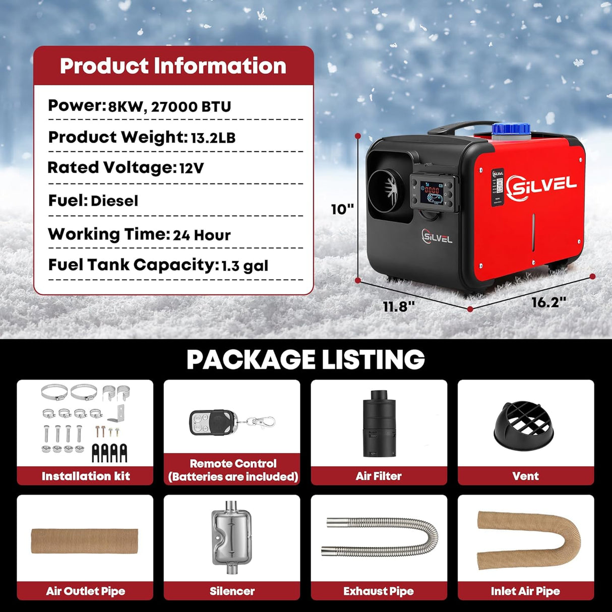 SILVEL 8KW 12V All-in-One Diesel Air Heater with 5L Tank - Portable Vehicle Heating