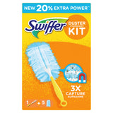 Swiffer Duster Kit featuring a handle and five feather dusters in blue