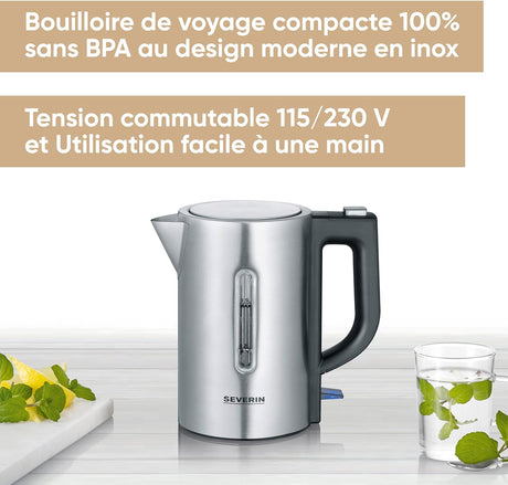 Severin Travel Kettle - Stainless steel, 0.5L capacity, dual voltage