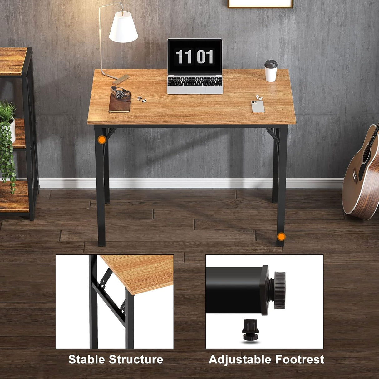 Need Folding Computer Desk - 31.5 Inch Teak Wood Top, Black Frame, No Assembly