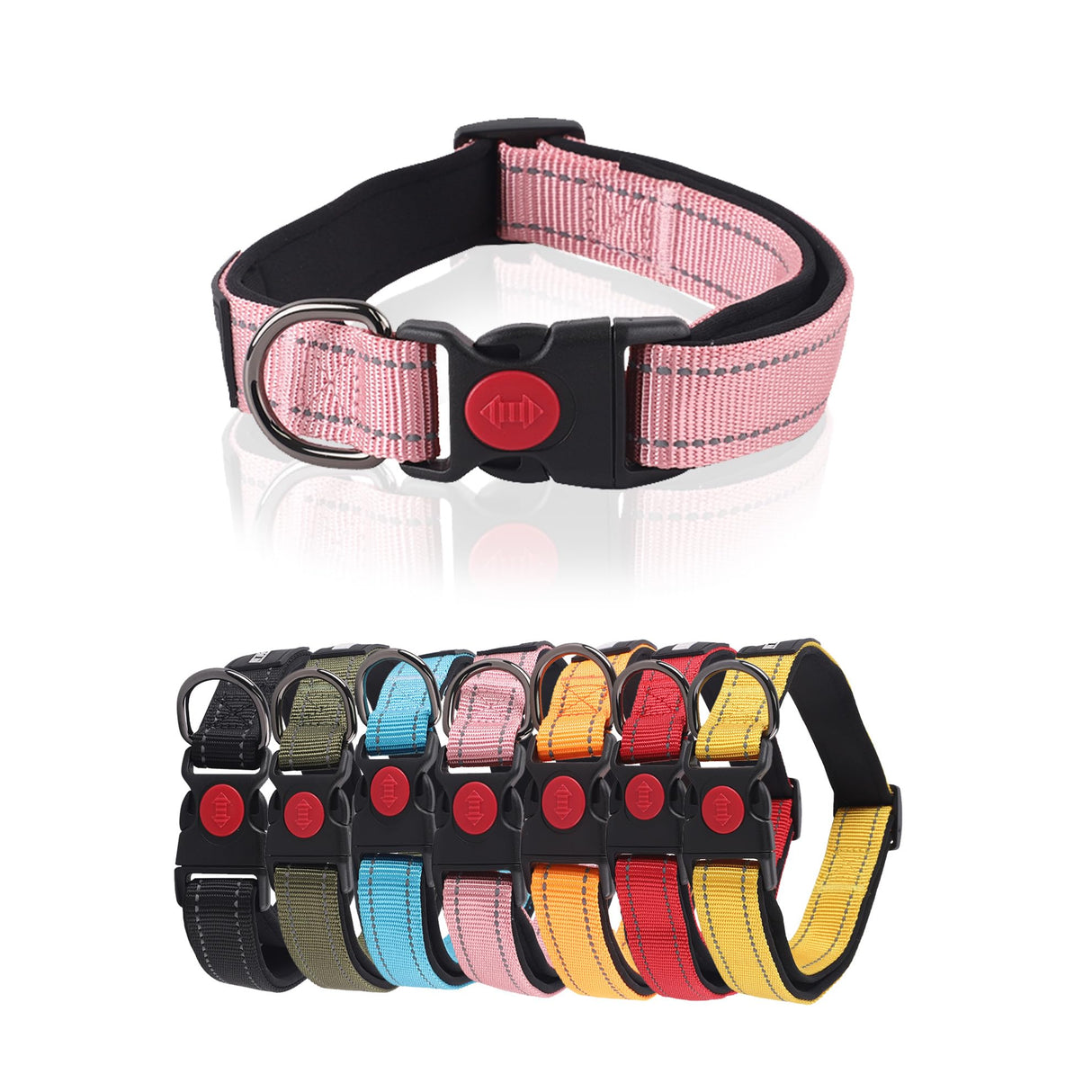 Large Baby Pink Reflective Adjustable Dog Collar with Soft Neoprene Padding