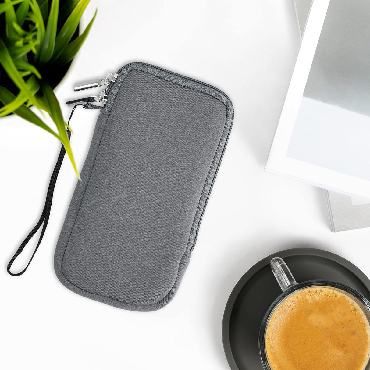 kwmobile Neoprene Phone Pouch - Stone Dust with Zipper and Wrist Strap