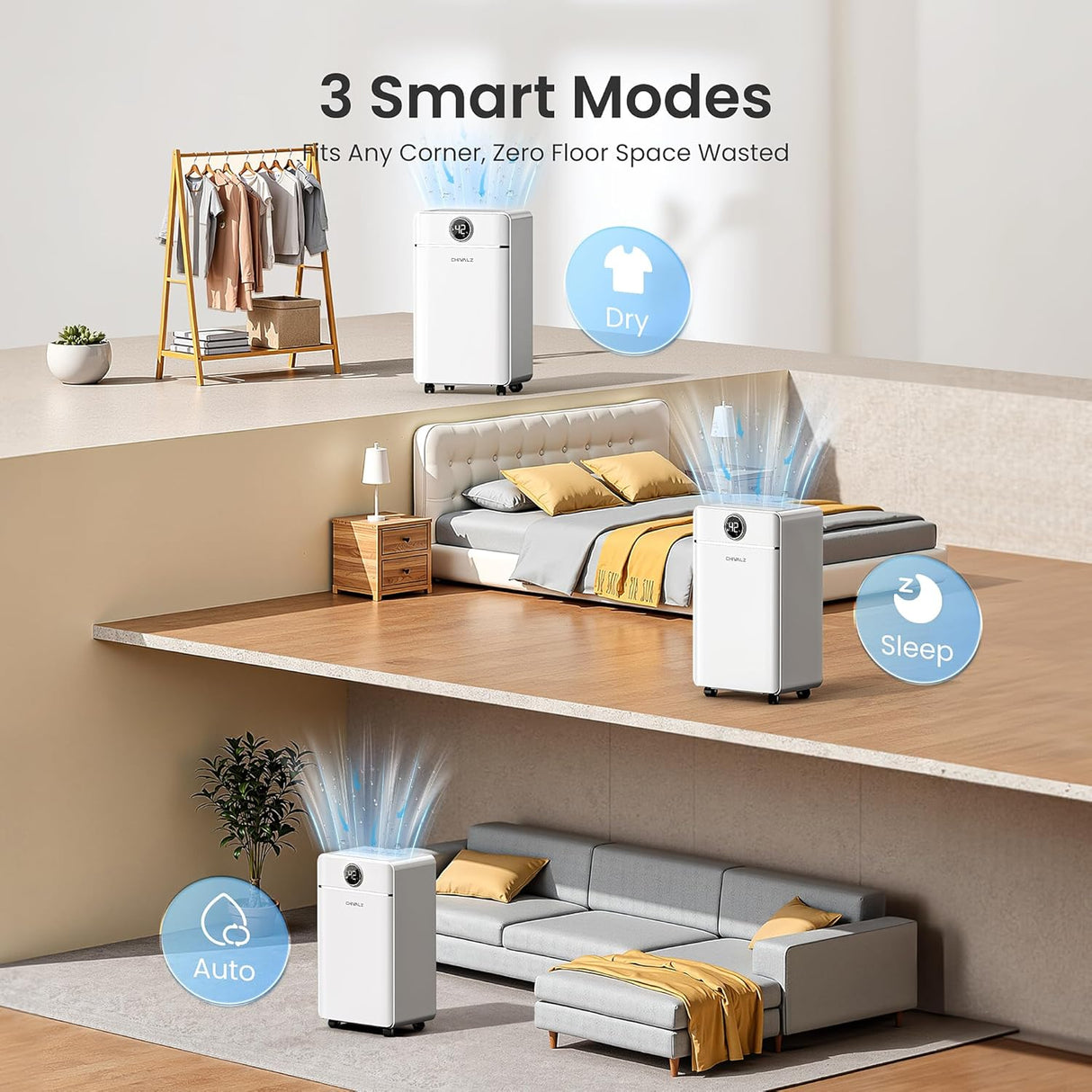 CHIVALZ 12L/24H Dehumidifiers for Home, Bedroom & Bathroom, LED Display and 24H Timer, Interior Dehumidifier with Automatic Defrosting, 2L Water Tank & Drainage Hose, White, 1 Pack+3 Modes