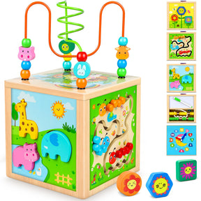 Colorful wooden activity cube with bead maze, shape sorter, and abacus for toddlers