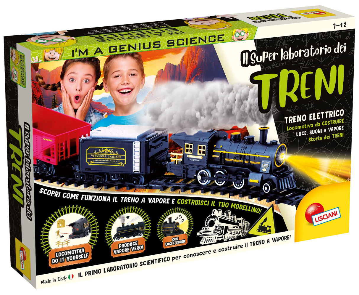 Liscianigiochi I'm a Genius The Super Train Laboratory kit with colorful components and a train model